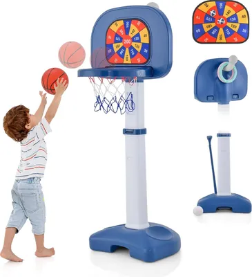 Produktbild von COSTWAY 4 in 1 Kinder Basketballkorb Set, Basketballständer 100-140cm höhenverstellbar & Ringwurf & Klebeball & Golfspiel, Korbanlage für Indoor & Outdoor, Aktivitätszentrum für Kinder ab 3 Jahren