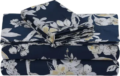 Productafbeelding van 300 draadtelling katoen extra diepe zak bedrukte lakenset, koningin, Colmar marineblauw/multi