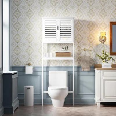 Produktbild von Badezimmer-Aufbewahrungsregal über der Toilette, 2-türiger Bambus-Schrank, freistehender, platzsparendes Toilettenregal mit verstellbarem Innenfach und offener Ablagefläche