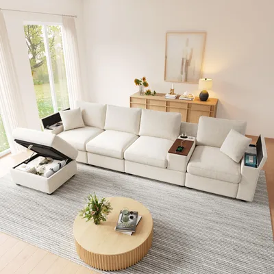 Produktbild von Merax Modulares L-Form Sofa, 5-Sitzer Ecksofa Mit Stauraum, USB & Type-C Anschlüssen, Drehbarem Couchtisch, Chenille Couch, Soffa, Beige