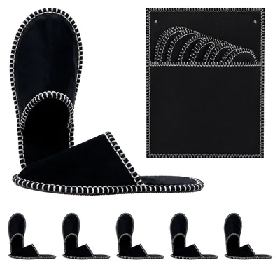 Produktbild von Relaxdays Gästehausschuhe 6 Paar, Hausschuhe Set mit Tasche, Größen 36-45, Filzpantoffeln, Antirutsch-Sohle, schwarz