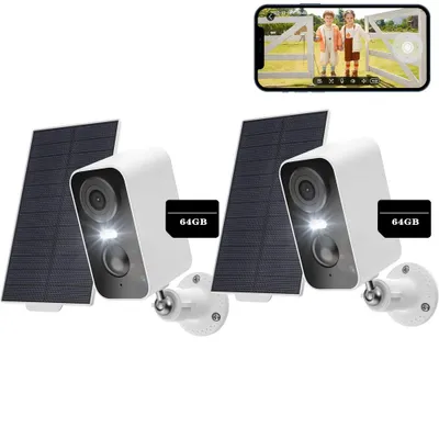 Obrázek produktu pro 2-pack 2K sledovací kamera venkovní baterie WLAN, solární kamera venkovní 64GB paměťová karta