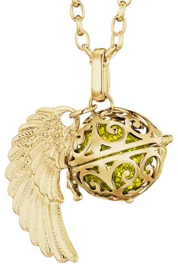 Produktbild von Morella Damen Halskette gold Edelstahl 70 cm mit goldenem Anhänger Engelsflügel und Klangkugel Zirkonia gelb Ø 16 mm in Schmuckbeutel