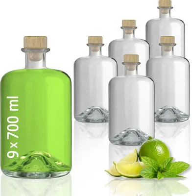 Produktbild von 9 Glasflaschen 700 ml leer zum selbst Befüllen mit Korken Apothekerflasche Essig Öl Flasche Schnapsflaschen Likörflaschen
