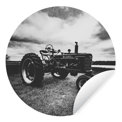 Produktbild von MuchoWow® Runde Wandtattoo - Wandsticker Tapete Aufkleber Traktor - Schwarz - Weiß - Bauernhof - Vintage Ø 80 cm Selbstklebend und Repositionierbar - Wandaufkleber - Kreis - Mauerkreis - Wand Bilder - Wandsticker - Wohnzimmer Dekoration - Dekoration für die Wände - Aluminium - Babyzimmer