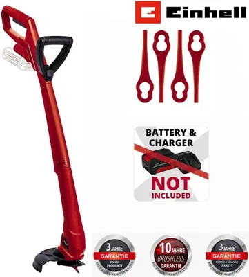 A red Einhell grass trimmer with accessories and marketing text.