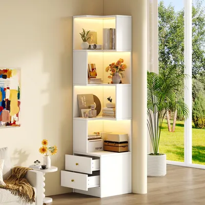 Produktbild von okwish Eckregale mit App-gesteuerter Beleuchtung, Bücherregale mit Schubladen und offenen Ablagefächern,mehrschichtiges Design,Vitrine in Weiß