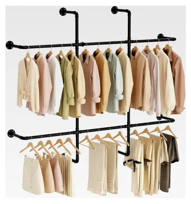 Produktbild von Industrielle Wandkleiderstange, Offener Kleiderschrank, Wandgarderobe, Garderobenständer für Schlafzimmer, Schwarz