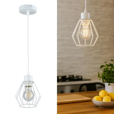 A split image showing a white pendant light on a white background on the left, and the same pendant light installed in a kitchen setting on the right.