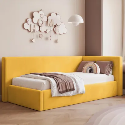 Produktbild von Eckbett Jugendbett Sampre 120x200 cm Gelb Rechts Velvet – Bettkasten, Metalllattenrost