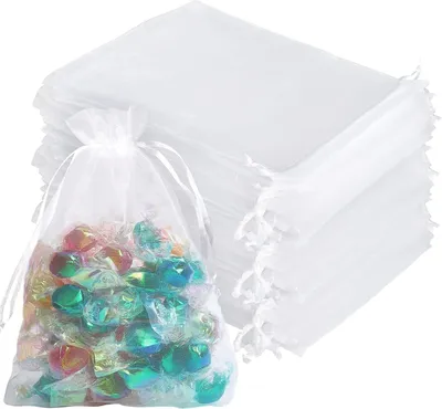 Produktbild von Organza-Geschenkbeutel 100 Stück 13 x 18 cm - Weiß - mit Schnur - für Schmuck - Süßigkeiten - Geschenke - Hochzeit - Geburtstag - Party - Festival