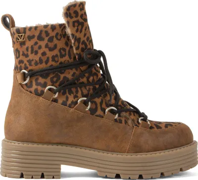 A single brown and black leopard print boot with a thick sole, shown from the side.