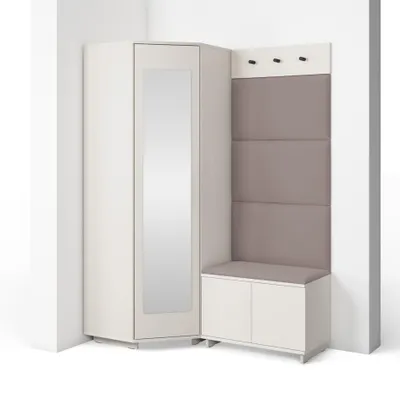 Produktbild von Eckschrank Napoli Version 17: Eckschrank mit Polsterpaneelen, Schuhschrank und Schrankaufsatz Flur und Eingangsbereich (Cashmere/Trinity 05)