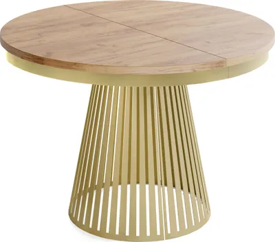 Produktbild von Esstisch Rund Ausziehbar mit Lamellen im Loft-Stil – 120 bis 200 cm – Industrieller Tisch mit Metallbeinen in Gold, Platzsparend für Wohnzimmer oder Esszimmer – Eiche Braun