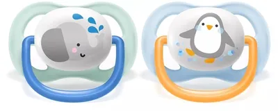 Two pacifiers with cartoon animal designs are shown against a white background.