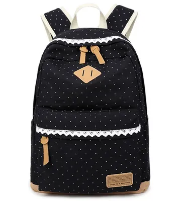 Produktbild von Mädchen Schulrucksack,Fashion Damen Canvas Rucksack Polka Punkt süße Spitze Kinderrucksack Outdoor Freizeit Daypacks Schultaschen für Teenager 16.5x13x5.5 Zoll (schwarz)