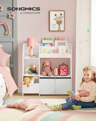 Obrázek produktu pro SONGMICS Dětský regál na knihy, dětský regál, regál na hračky se 2 úložnými boxy, na knihy, dětský pokoj, herna, obývací pokoj, oblačně bílý