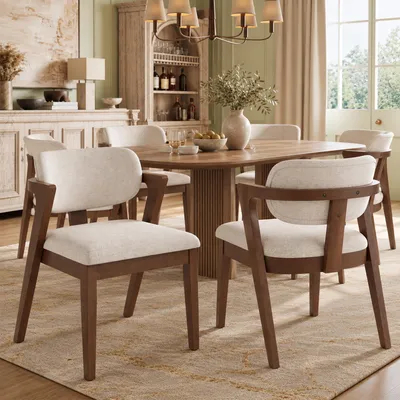 Productafbeelding van Flieks eettafelsstoelen, set van 6, met linnen bekleding. Keukenstoelen, gestoffeerde stoelen met een massief houten frame. Zitstoel voor de woonkamer, in walnootkleur