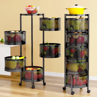 Image de 5 étages Étagère de cuisine rotative Paniers à fruits et légumes, étagère métallique multicouche avec roues Organisateur d'étagères à paniers noir