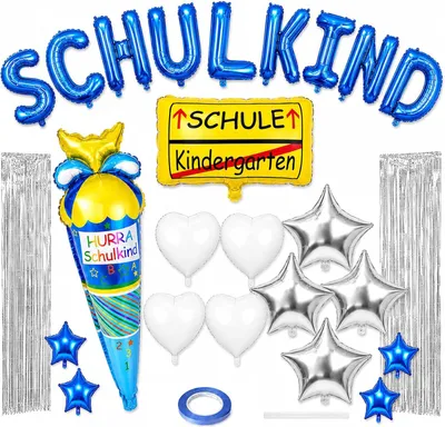 Productafbeelding van Decoratieve folieballonnen set blauw - 27-delig - Schoolkind ballonnen met 2 klatergordijnen