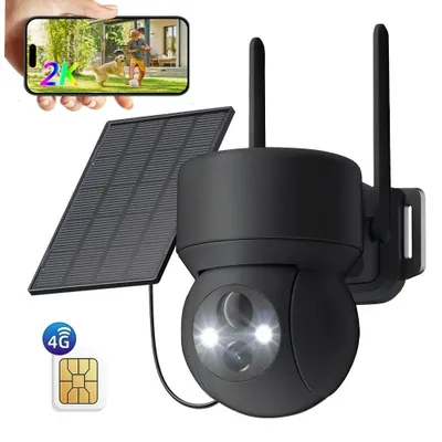 Image de Caméra de surveillance extérieure 4G LTE à énergie solaire, caméra 2K avec batterie, carte SIM, caméra IP sans fil pour l'extérieur, sans Wi-Fi, orientable à 355°/90°, avec détection PIR
