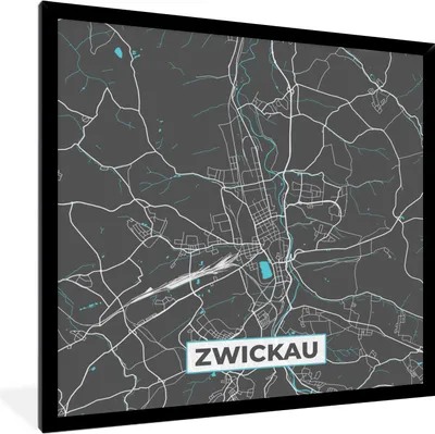 Produktbild von MuchoWow® Gerahmtes Poster Deutschland - Blau - Zwickau - Stadtplan - Karte 40x40 cm - Poster mit Schwarzem Bilderrahmen Wandposter Rahmen Foto Bilder - Mit Rahmen - Wanddekoration Schlafzimmer