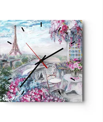 Produktbild von Wanduhr - Quadrat - Glasuhr - Blumen Eiffle Architektur Balkon - 40x40cm - Schleichendes Uhrwerk - Lautlos - zum Aufhängen bereit - Dekoration Modern - Wanddekoration aus Glas - C3AC40x40-3130