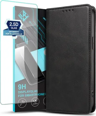 A product shot featuring a black flip phone case and a screen protector.