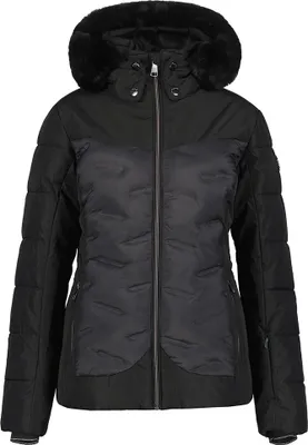 A black puffer jacket with a fur-lined hood is shown against a white background.