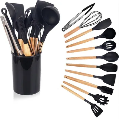 Produktbild von Küchenutensilien-Set aus Silikon DG-0011, 12-teilig, mit Holzgriff, schwarz