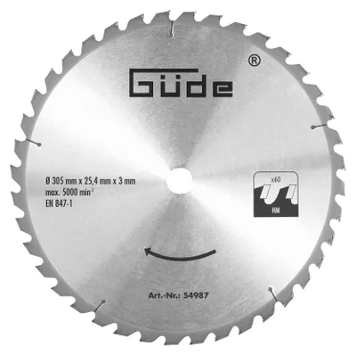 Zdjęcie produktu dla Güde 54987 Brzeszczot do drewna HM 305x25,4x60Z (brzeszczot z węglików spiekanych - 305 x 25 mm z 4x60 zębami)