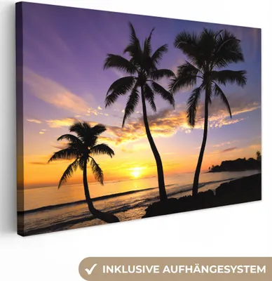 Produktbild von MuchoWow® - Leinwandbilder - Strand - Sonnenuntergang - Palmen - Tropisch, Wandbild, Wanddeko Bilder Wohnzimmer, 90x60 cm