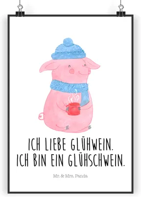 Produktbild von Mr. & Mrs. Panda Bild Schwein Glühwein DIN A3 - Weiß - Geschenk, drucke, Wandbild, wanddeko, Plakat, Punsch, Weihnachtsmarkt, Glühschwein, Kunstdruck, Weihnachten