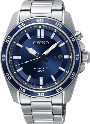 A close-up, front-facing studio shot of a men's wristwatch with a blue dial and silver metal band.