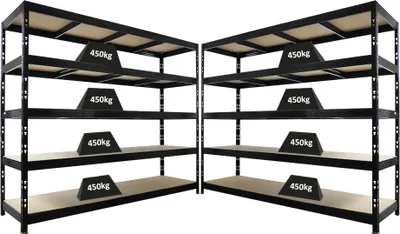 Produktbild von Mega Deal | 2x Profi Schwerlastregal Rhino | HxBxT 200x240x70cm | 5 Spanplatten-Ebenen 8mm | Fachlast 450kg | Schwarz