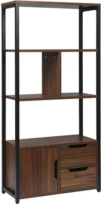 Produktbild von Happyment Industrielles Bücherregal – 4 Ebenen – Dunkelbraun – 1 Tür & 2 Schubladen – Wohnzimmer, Schlafzimmer & Büro – Holz/Metall – 58 x 24 x 120 cm
