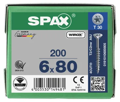 Produktbild von SPAX Universalschraube, Teilgewinde, Senkkopf, T-STAR plus T30, 4CUT, WIROX, 6 x 80 mm, 200 Stück
