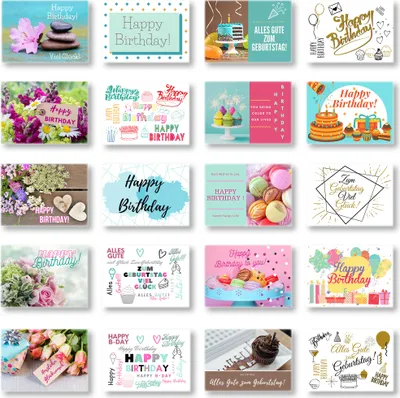Produktbild von Domelo Geburtstagskarten 20er Set mit Umschlag, Happy Birthday Postkarten, Kraftpapier Karten zum Geburtstag, Geburtstagskarte für Mann/ Frau/ Kinder, Postkarte als Grußkarten
