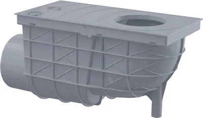 A 3D render of a grey plastic drainage box with a horizontal outlet pipe.