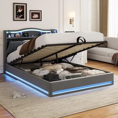 Imagen del producto de Cama de 160x200 con espacio de almacenamiento, cama tapizada con iluminación LED y estación de carga, cama hidráulica con espacio de almacenamiento, estructura de cama doble con somier y cabecero, terciopelo, gris, sin colchón