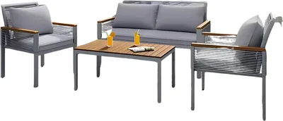 Produktbild von Loungeset aus Akazienholz und Polyrattan – 2 Sessel, Doppelsitzbank und Tisch – Outdoor Gartenmöbel-Set mit bequemen Kissen – Grau