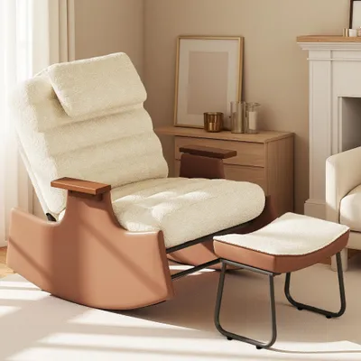 Image de Fauteuil à bascule UnboxG avec repose-pieds, dossier réglable en 3 positions, revêtement en imitation fourrure de mouton, accoudoirs en bois, fauteuil relax pour salon et chambre