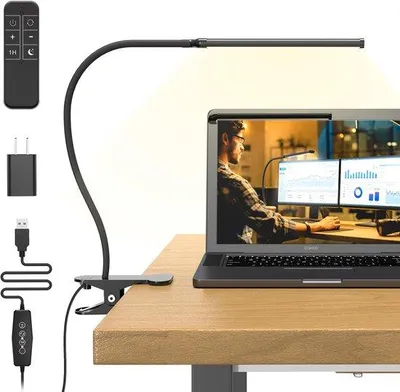 Produktbild von Unyqoos® LED-Schreibtischlampe mit 77 LEDs – 40 cm flexibler Schwanenhals (360°), Fernbedienung, 3 Lichtmodi & 5 Helligkeitsstufen, USB-Adapter, Klemme bis 6 cm