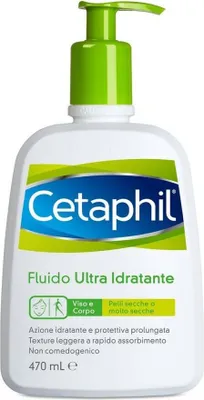 A white plastic pump bottle of Cetaphil Ultra Hydrating Fluid for face and body.