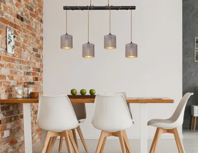Produktbild von Globo Lighting Hängeleuchte Metall schwarz matt, Textil grau, Kabel Textil champagner, Kabel zum Herumwickeln, LxBxH: 1000x160x1500mm, exkl. 4x E27 40W 230V