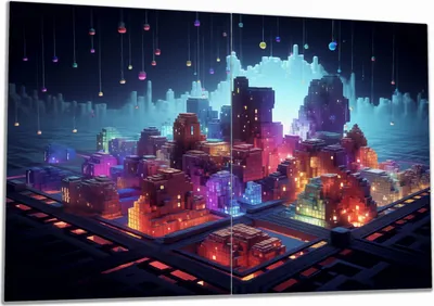 Produktbild von Wallario Herdabdeckplatte aus Glas, Größe 80 x 52 cm 2-teilig, Motiv Leuchtende Pixelstadt
