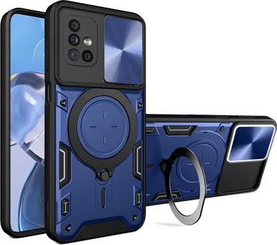 A blue phone case with a camera cover and a ring stand is displayed on a white background.
