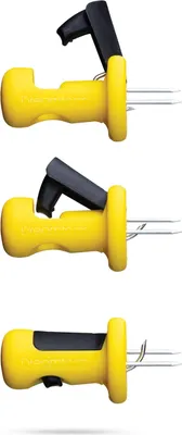 Three views of a yellow product with silver prongs and a black lever.