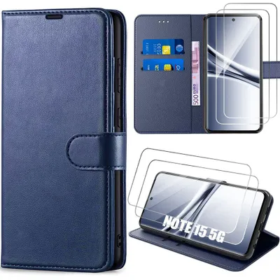 Image de Coque Synthécuir + 2 Verres Trempés pour Xiaomi Redmi Note 15 5G/4G, Anti-Rayures Antichoc Bleu Foncé
