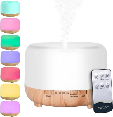 Produktbild von Aroma Diffuser 500ml, Luftbefeuchter mit Timer, Ultraschall Aromatherapie Diffusor 7 Farben LED mit Fernbedienung für Schlafzimmer/Büro/Yoga/Spa